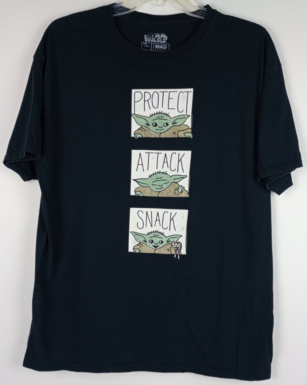 Star Wars Mad Engine Mens L Protect Attack Snack Baby Yoda Black Graphic Tshirt